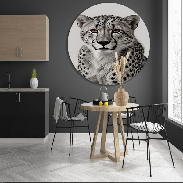 De doordringende blik van een cheeta aluminium muurcirkel