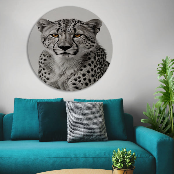 De doordringende blik van een cheeta aluminium muurcirkel