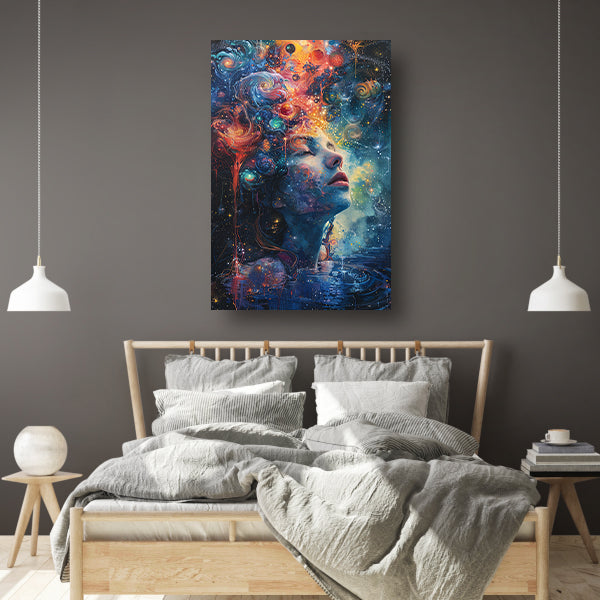 Vrouwelijke contemplatie onder sterrenhemel poster