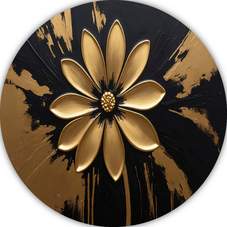 Abstracte Gouden Bloem op Zwart aluminium muurcirkel