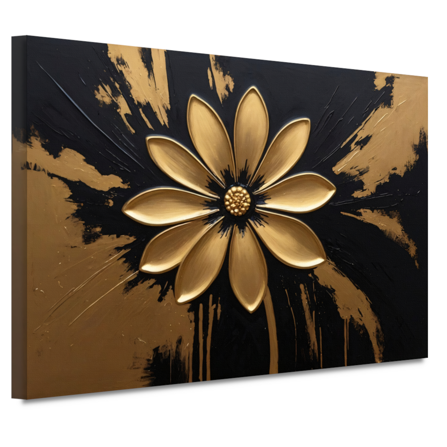 Abstracte Gouden Bloem op Zwart canvas