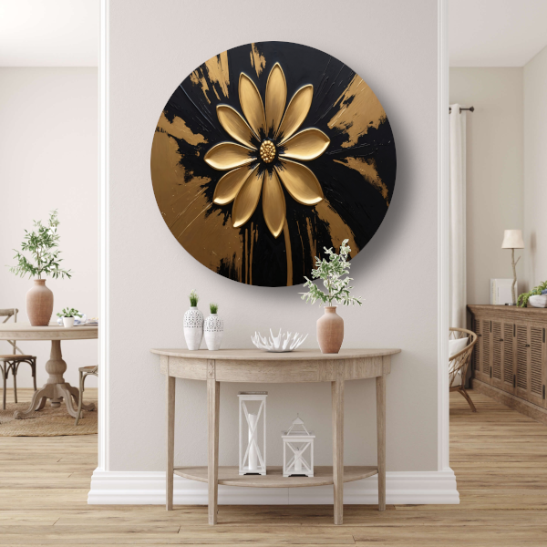 Abstracte Gouden Bloem op Zwart aluminium muurcirkel