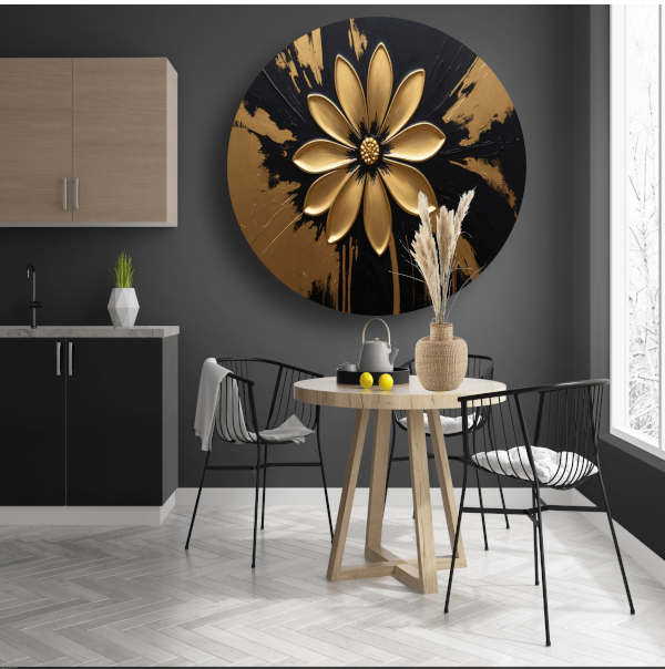 Abstracte Gouden Bloem op Zwart aluminium muurcirkel
