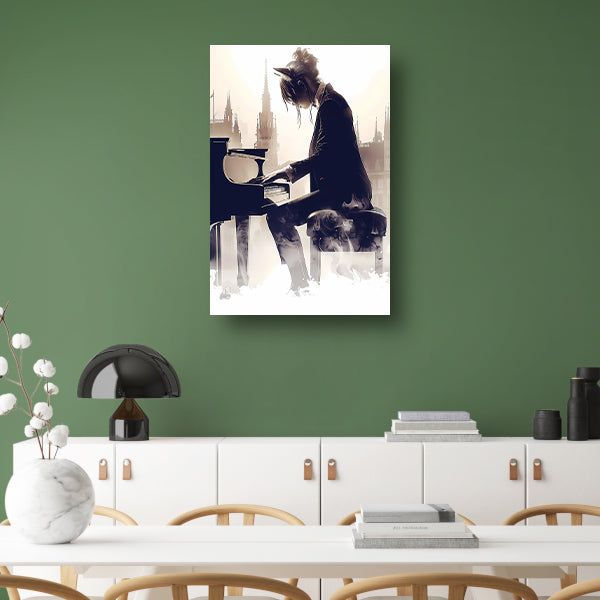 Vrouw aan Piano met Stedelijke Achtergrond canvas