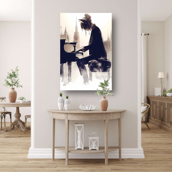 Vrouw aan Piano met Stedelijke Achtergrond canvas