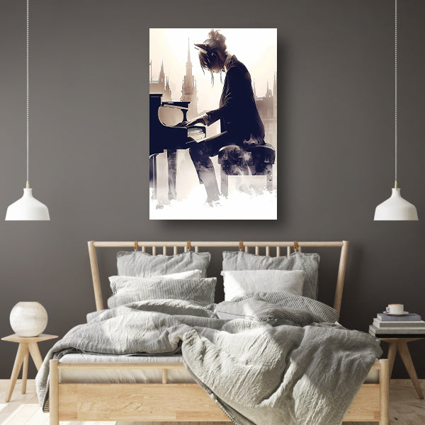 Vrouw aan Piano met Stedelijke Achtergrond canvas