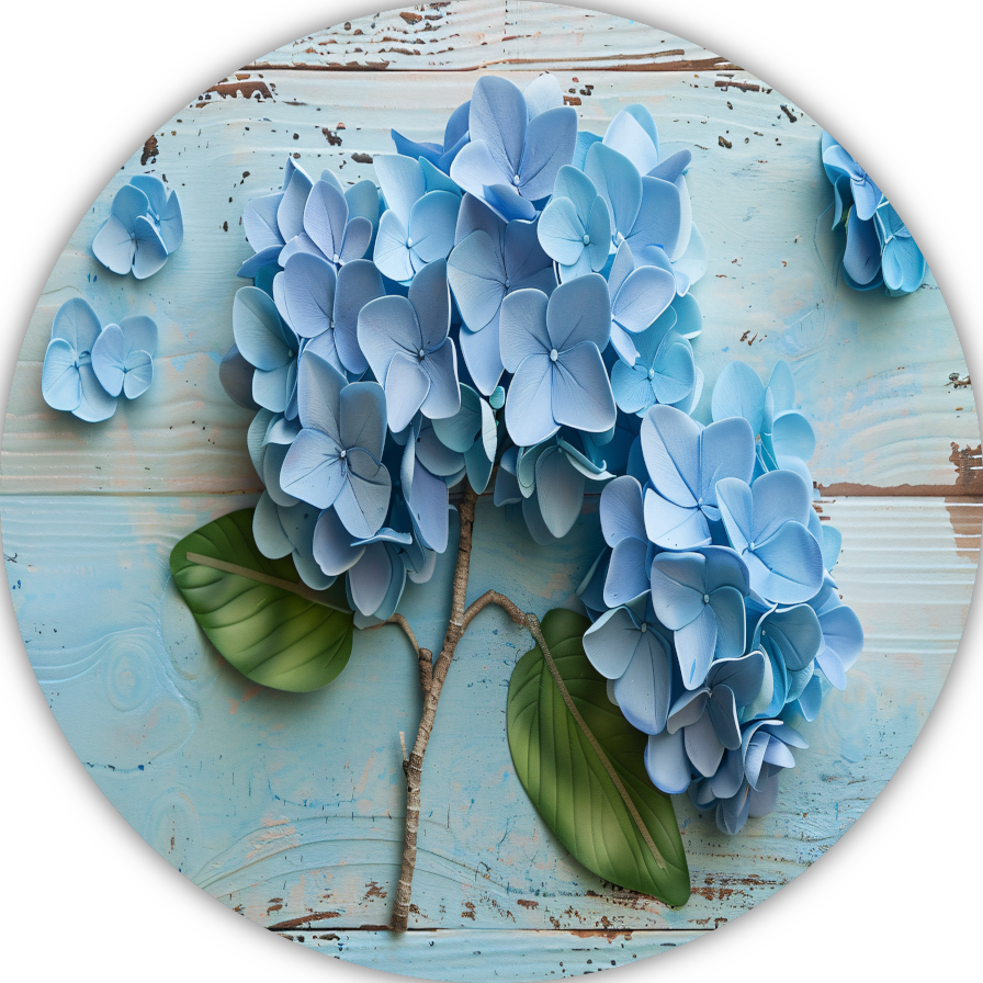 Blauwe hortensias in vaas aluminium muurcirkel