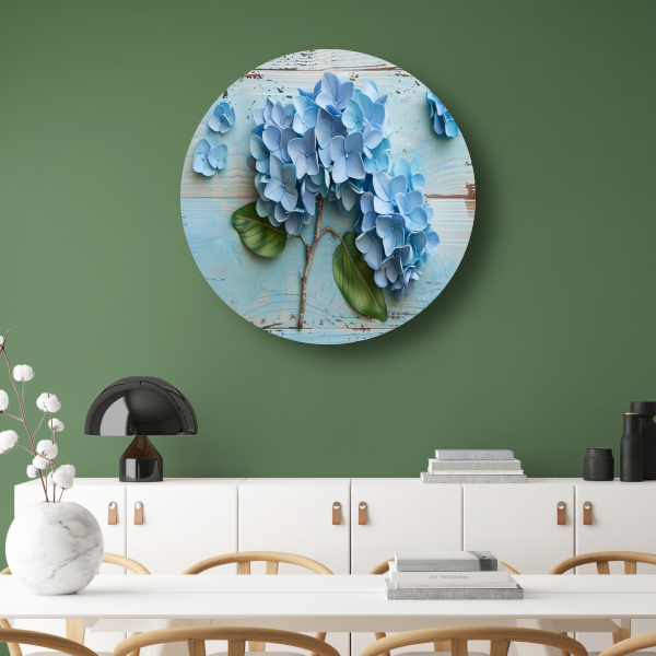 Blauwe hortensias in vaas aluminium muurcirkel