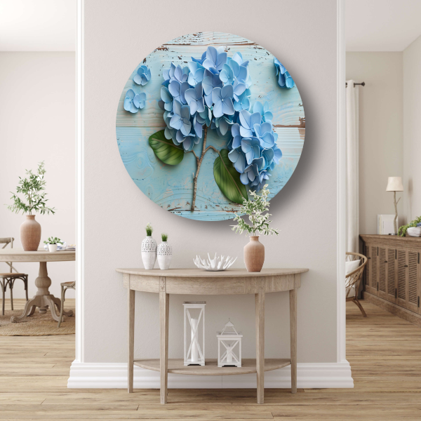 Blauwe hortensias in vaas aluminium muurcirkel
