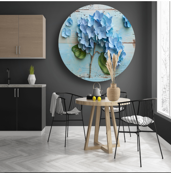 Blauwe hortensias in vaas aluminium muurcirkel