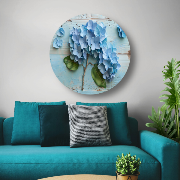 Blauwe hortensias in vaas aluminium muurcirkel
