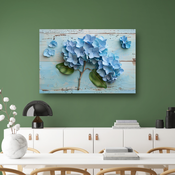 Blauwe hortensias in vaas poster