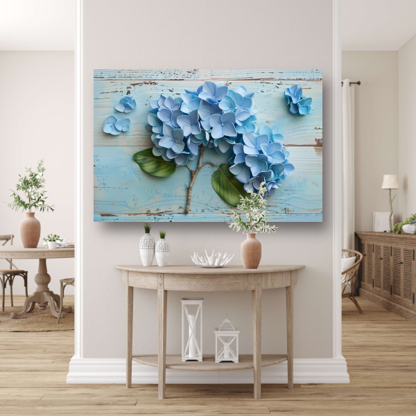 Blauwe hortensias in vaas poster