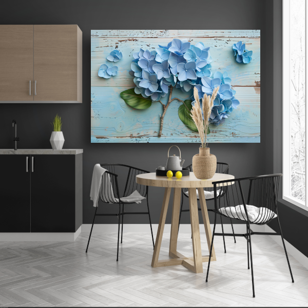 Blauwe hortensias in vaas poster