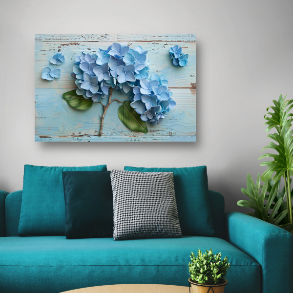 Blauwe hortensias in vaas poster