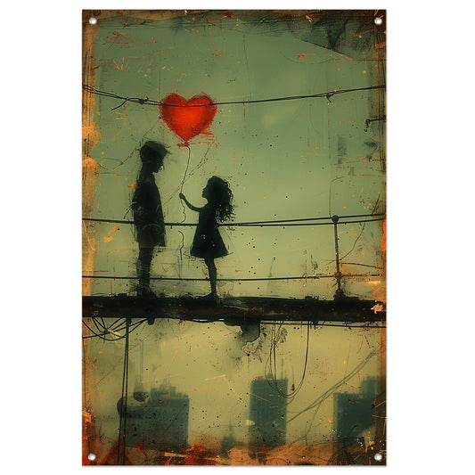 Man, meisje en een hart boven de stad tuinposter