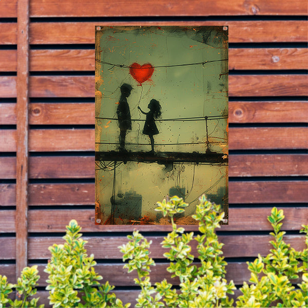 Man, meisje en een hart boven de stad tuinposter