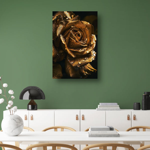 Betoverende gouden roos met ochtenddauw poster