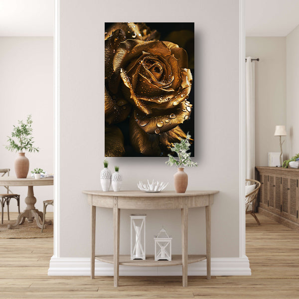 Betoverende gouden roos met ochtenddauw poster