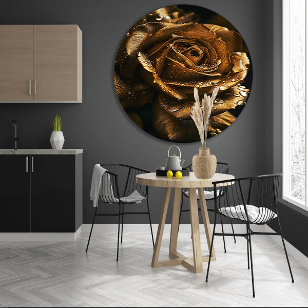 Betoverende gouden roos met ochtenddauw aluminium muurcirkel