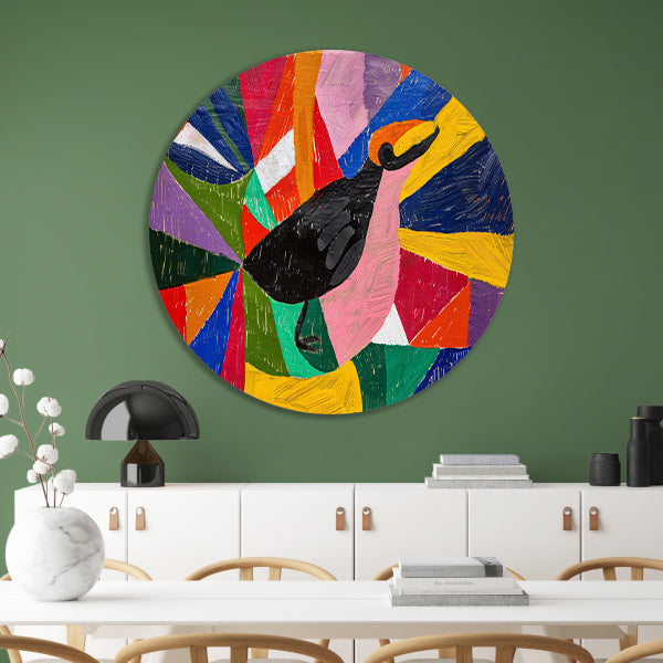 Kleurrijk abstract schilderij van een vogel aluminium muurcirkel