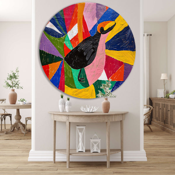 Kleurrijk abstract schilderij van een vogel aluminium muurcirkel