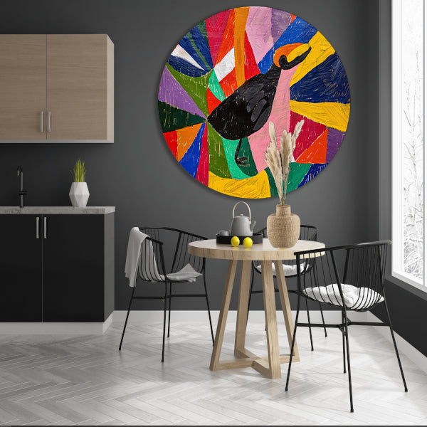 Kleurrijk abstract schilderij van een vogel aluminium muurcirkel