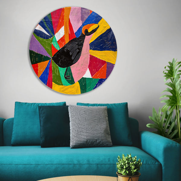 Kleurrijk abstract schilderij van een vogel aluminium muurcirkel