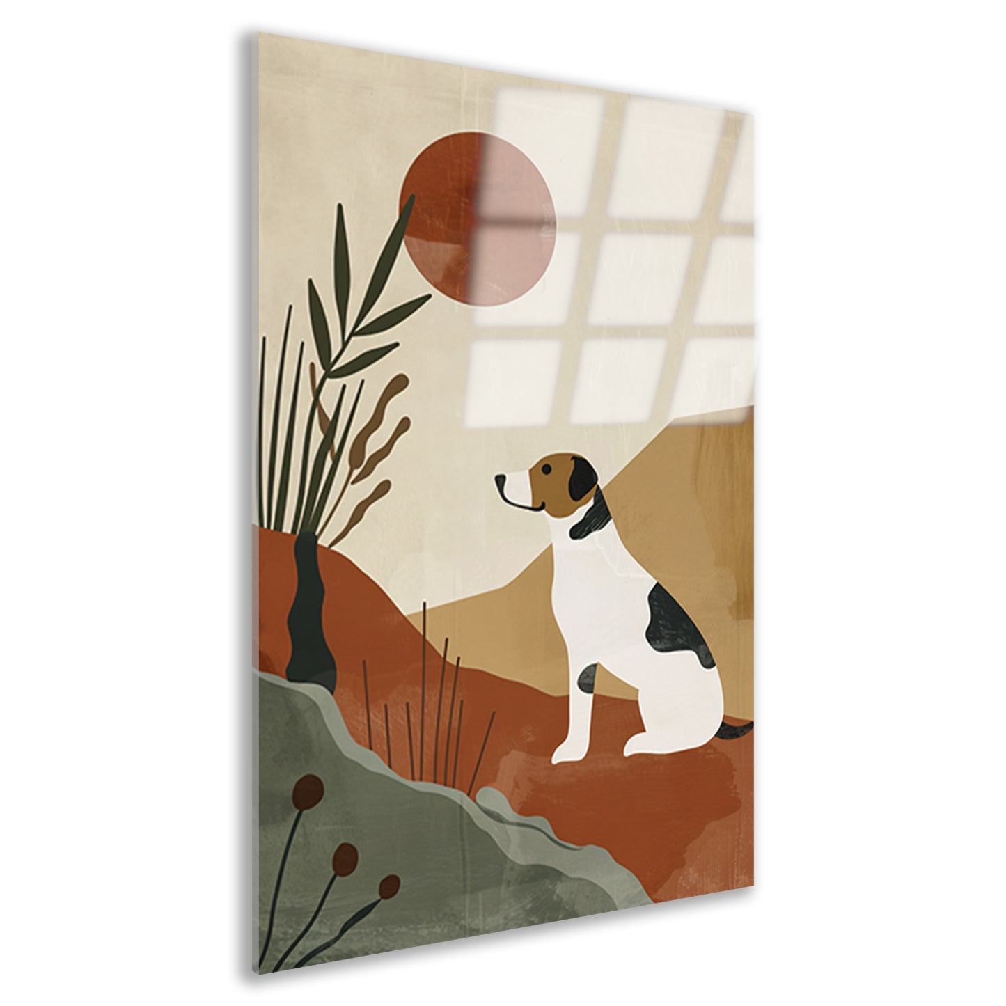 Stilistische hond en planten tegen rode zon acrylglas