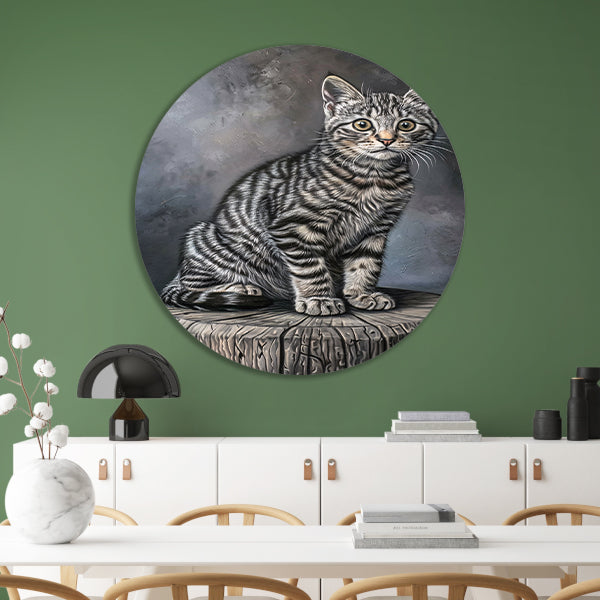 Gedetailleerd realistisch schilderij van een kat aluminium muurcirkel
