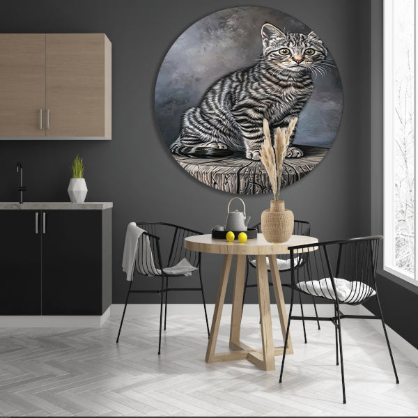 Gedetailleerd realistisch schilderij van een kat aluminium muurcirkel