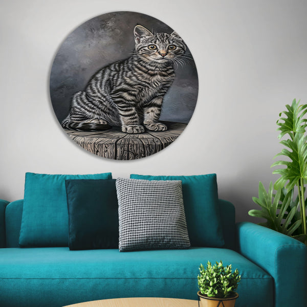 Gedetailleerd realistisch schilderij van een kat aluminium muurcirkel