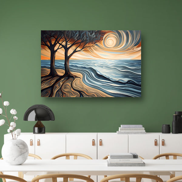 Surrealistisch strand met bomen en zon canvas