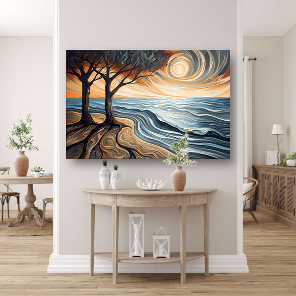 Surrealistisch strand met bomen en zon canvas
