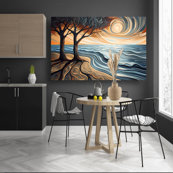 Surrealistisch strand met bomen en zon canvas