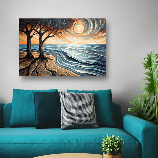 Surrealistisch strand met bomen en zon canvas