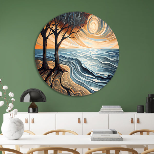 Surrealistisch strand met bomen en zon forex muurcirkel