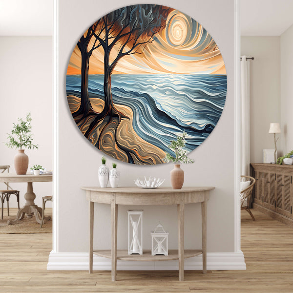 Surrealistisch strand met bomen en zon forex muurcirkel