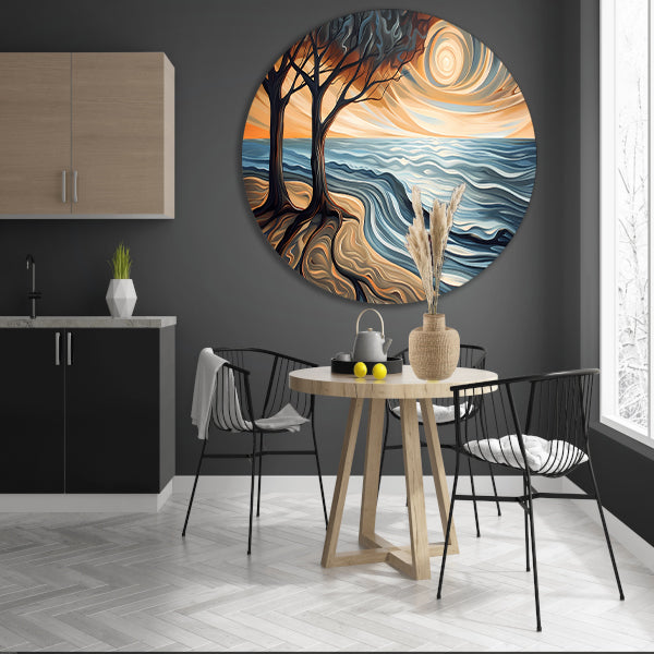 Surrealistisch strand met bomen en zon forex muurcirkel