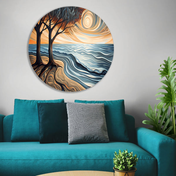 Surrealistisch strand met bomen en zon forex muurcirkel