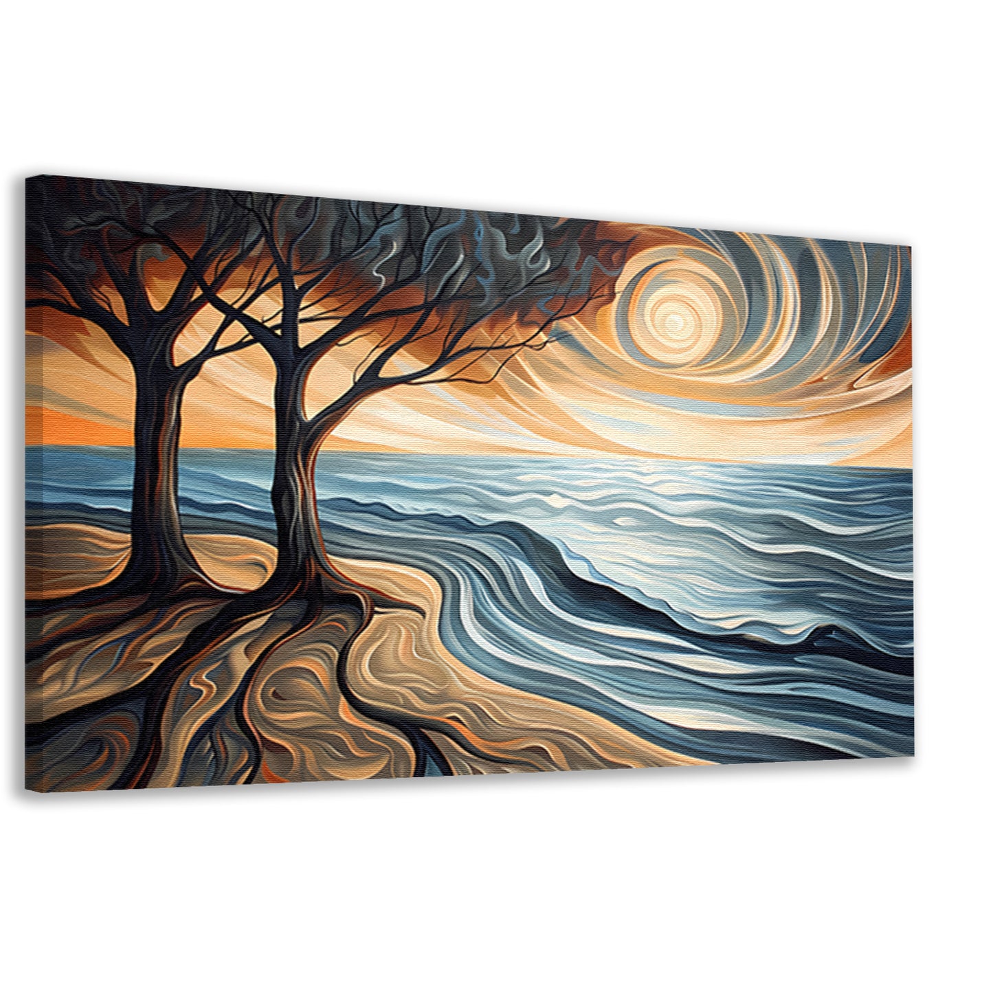 Surrealistisch strand met bomen en zon canvas