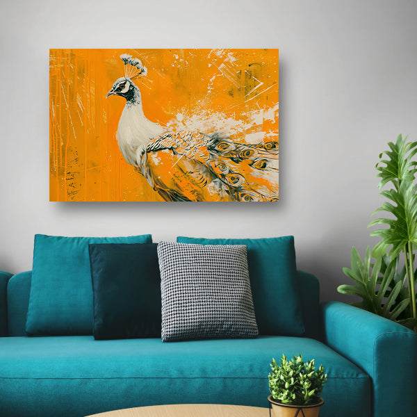 Dynamisch schilderij van een pauw in oranje acrylglas