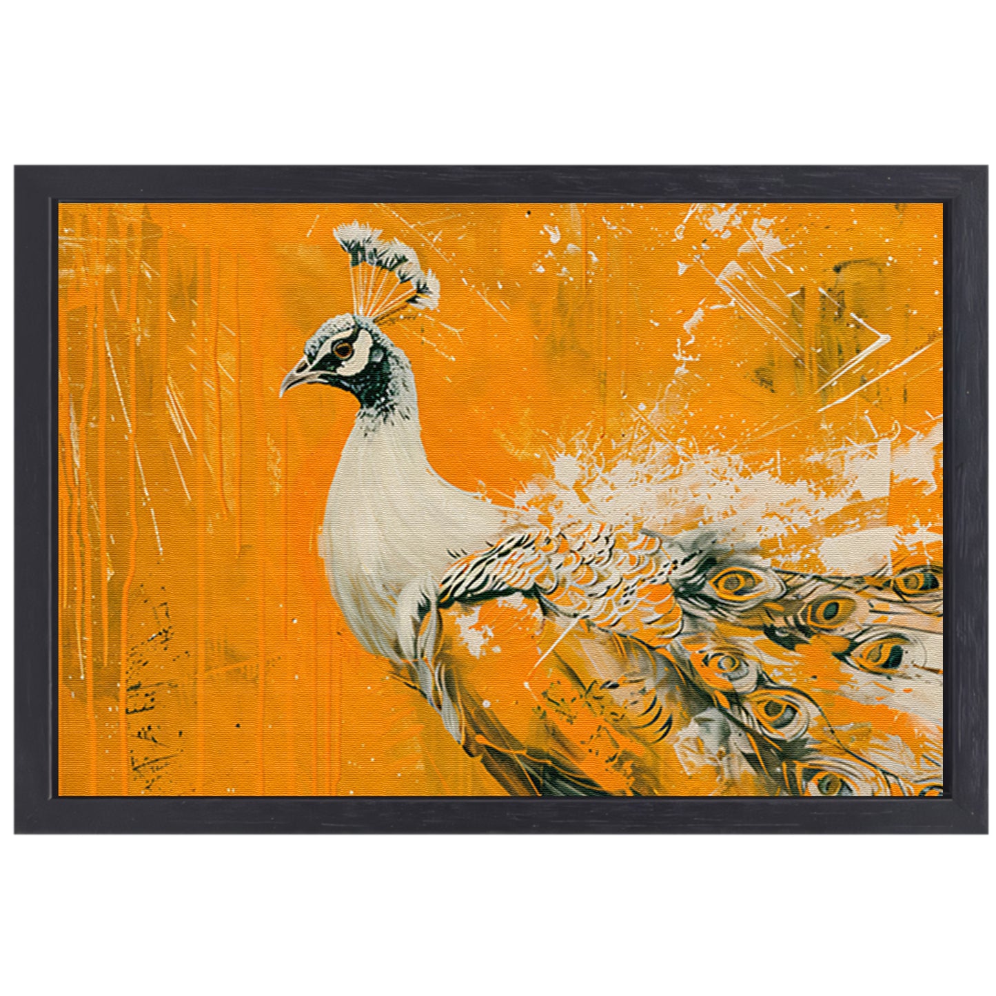 Dynamisch schilderij van een pauw in oranje canvas met baklijst