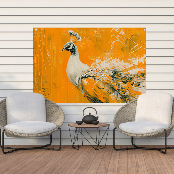 Dynamisch schilderij van een pauw in oranje tuinposter
