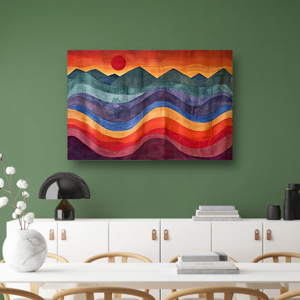 Kleurrijk abstract landschap met bergen en zon poster