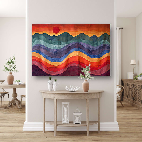 Kleurrijk abstract landschap met bergen en zon poster