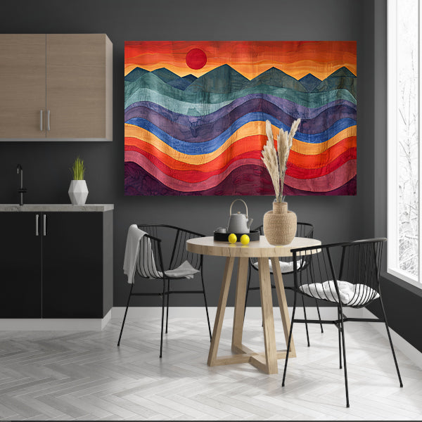 Kleurrijk abstract landschap met bergen en zon poster