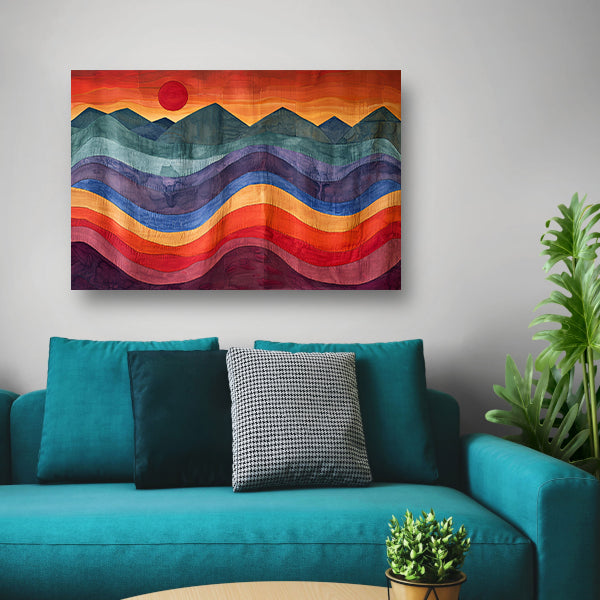 Kleurrijk abstract landschap met bergen en zon poster