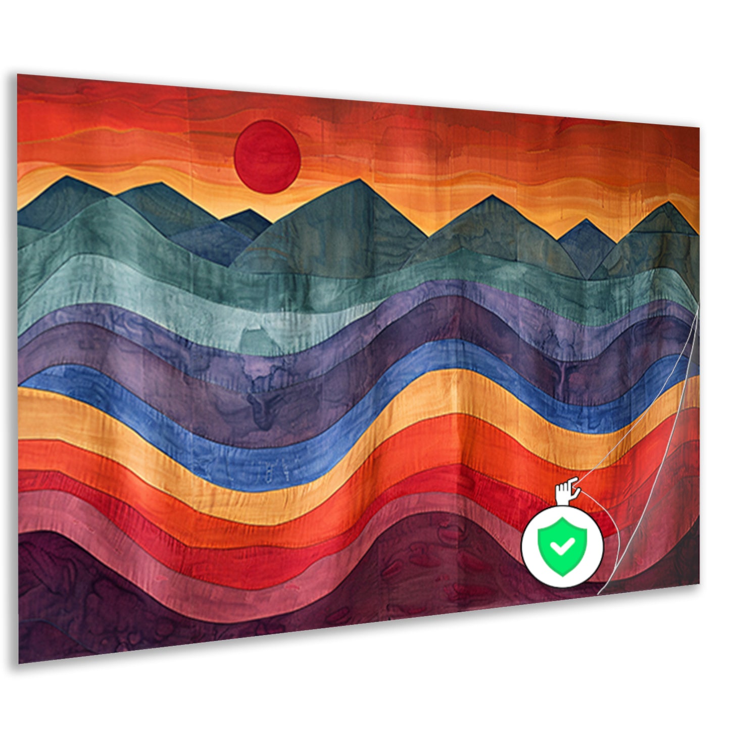 Kleurrijk abstract landschap met bergen en zon poster