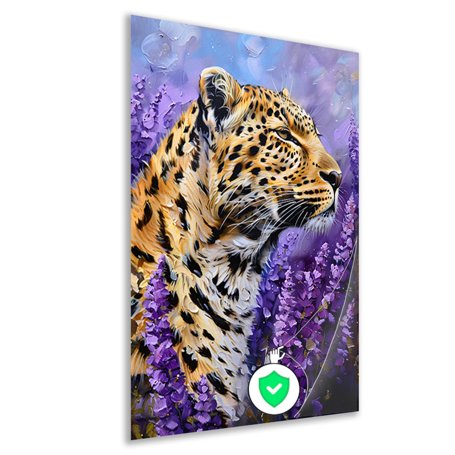Realistisch luipaard schilderij met paarse bloemen poster